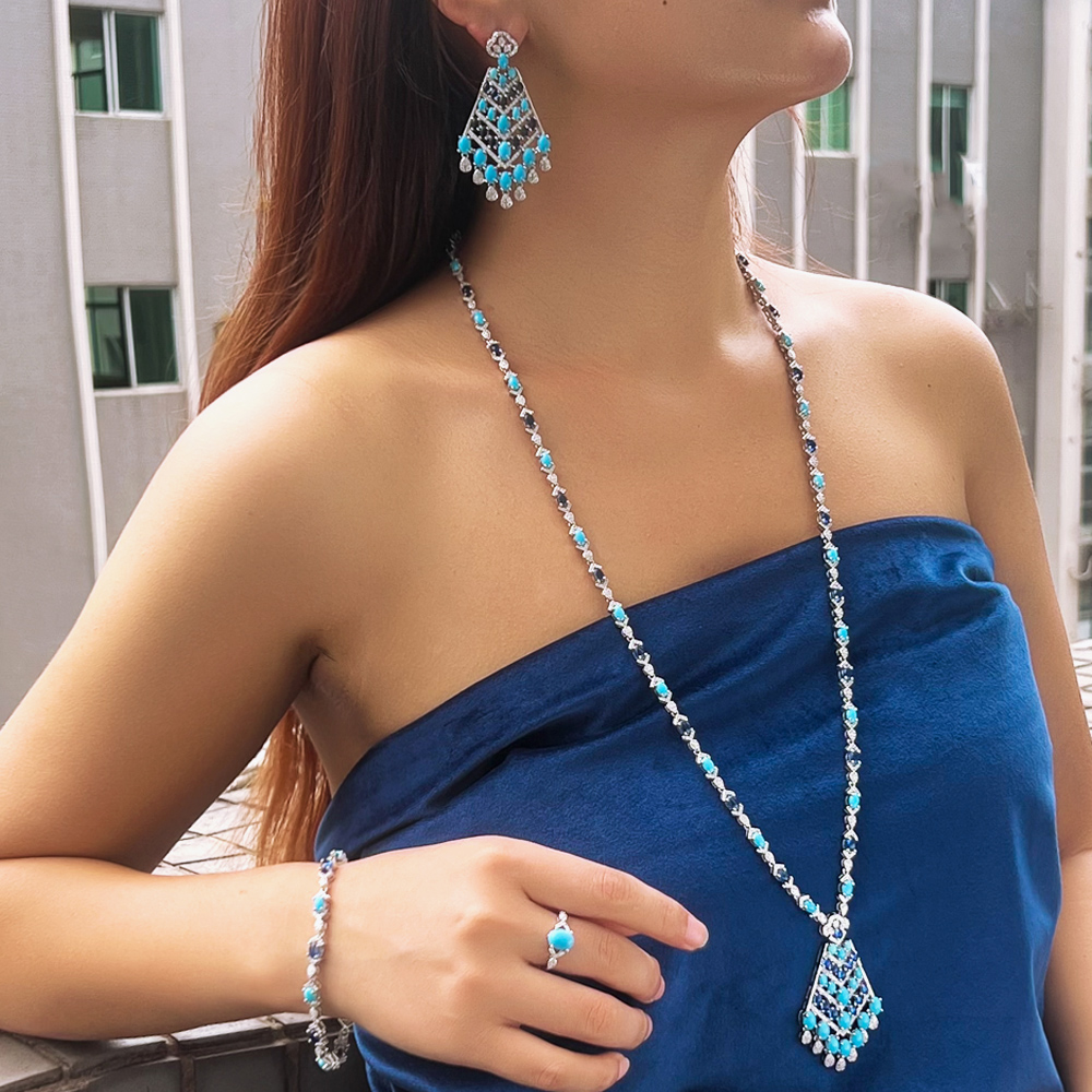 Ethnic Fashion In Dubai - CWWZircons 4-teiliges elegantes blaues Türkis-CZ-Halsketten-Set mit